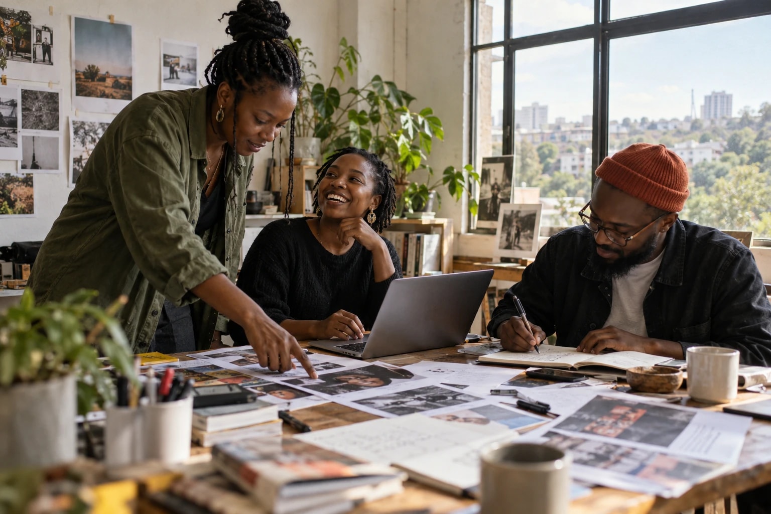 Three creative colleagues reviewing photographs and notes in a Nairobi studio